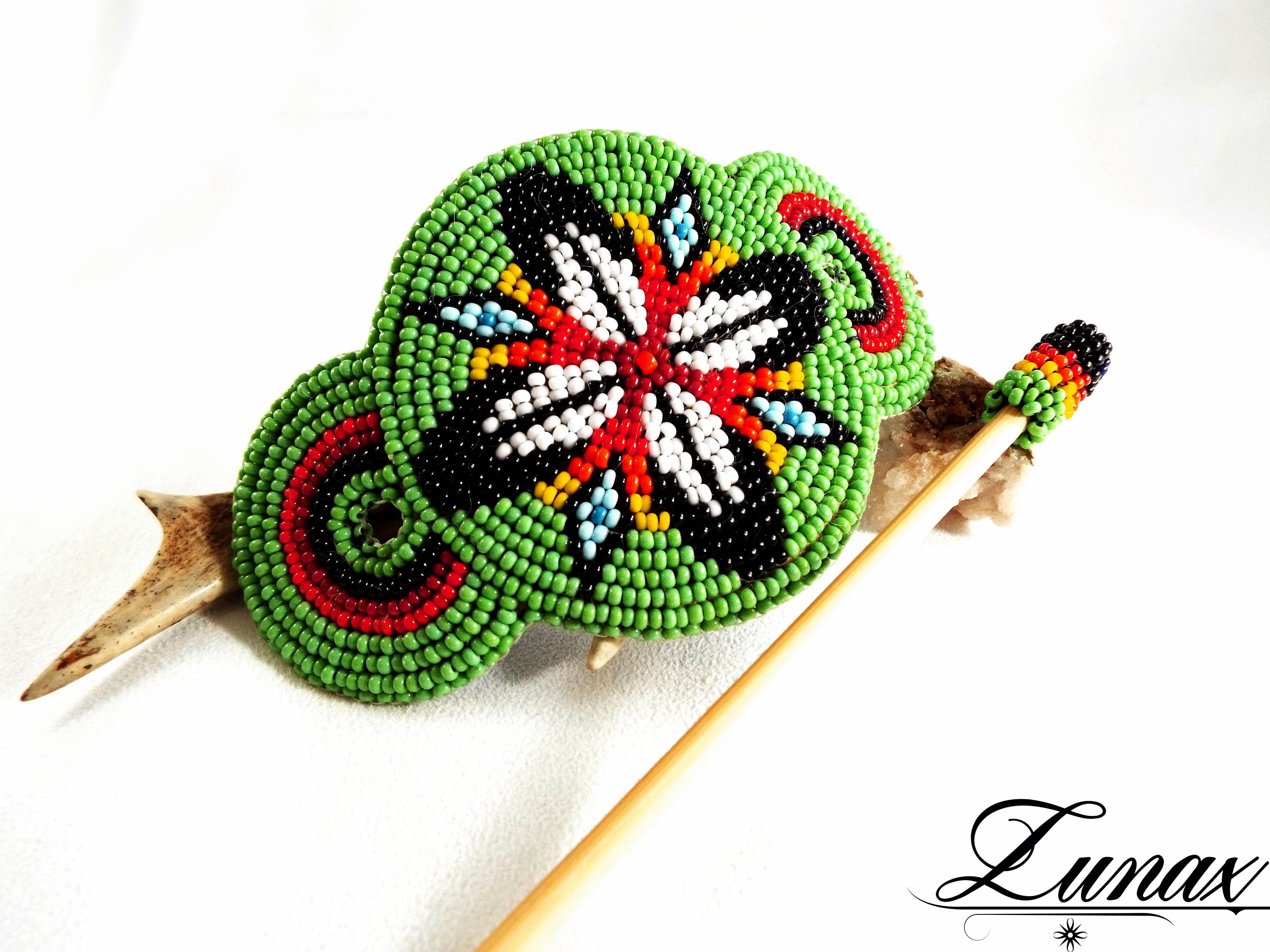 Unique Green Hair Clip With Feather Motif in Native American 