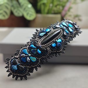 Long Black and Blue Decorative Hair Clip - Bead Embroidery Hair Jewelry