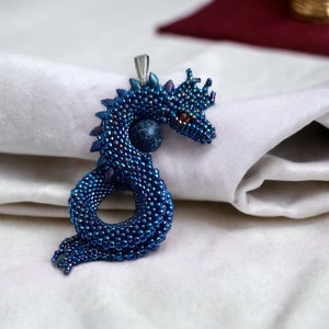 Blue Dragon Pendant Necklace with Agate Egg – Handmade Beaded Fantasy Jewelry