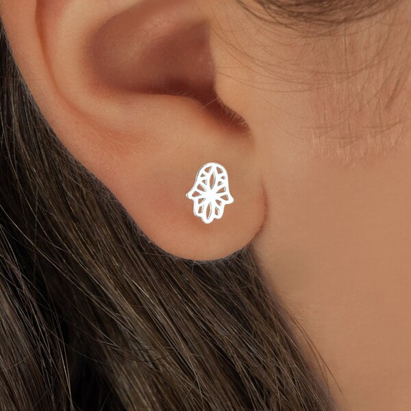 Hamsa Stud Earrings, Sterling Silver Hand of Fatima, Tiny Hamsa Studs