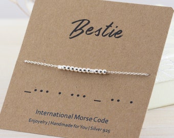 Bestie Morse Code Bracelet, Sterling Silver Custom Morse Code Bracelet, Unique Sentimental Gifts for Friend