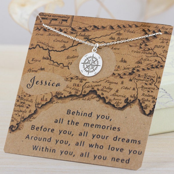 Sterling Silver Compass Necklace with Personalized Inspirational Wish, Graduation Gift Necklace with Compass Rose Charm