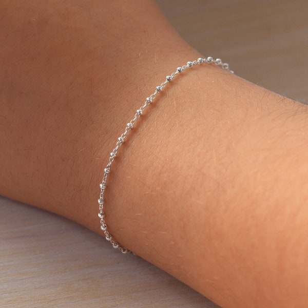 Sterling Silver Bracelet, Simple Thin Silver Bracelet on Delicate chain, Dainty Satellite Bracelet with Rondelle Beads