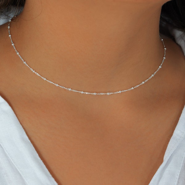 Sterling Silver Choker with Rondelle Beads, Minimalist Short Necklace, Delicate Satellite Twisted Chain