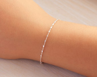 Sterling Silber Satelliten Armband, Zierliche Silber Perlen Armband, Dünne Kette und Würfel Perlen Armband, Einfach und Zart Jeden Tag Armband