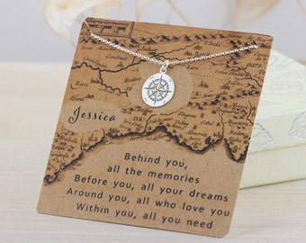 Sterling Silver Compass Necklace with Personalized Inspirational Wish, Graduation Gift Necklace with Compass Rose Charm