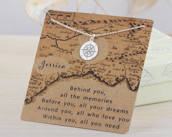Sterling Silver Compass Necklace with Personalized Inspirational Wish, Graduation Gift Necklace with Compass Rose Charm