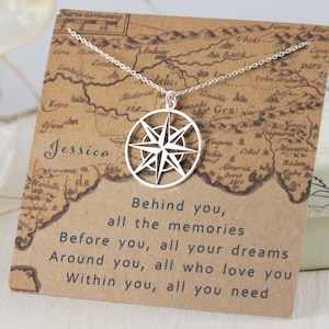 Compass Necklace, Graduation Gift Necklace with Compass Rose Charm, Sterling Silver Travel Necklace