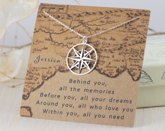 Compass Necklace, Graduation Gift Necklace with Compass Rose Charm, Sterling Silver Travel Necklace