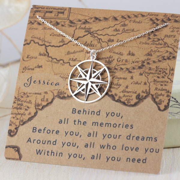 Compass Necklace, Graduation Gift Necklace with Compass Rose Charm, Sterling Silver Travel Necklace