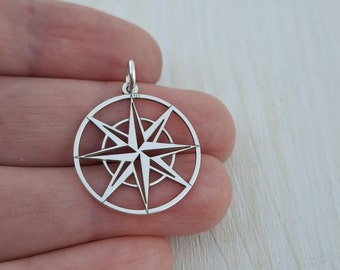 Compass Charm, Sterling Silver Compass Pendant, Travel Necklace, Wind Rose Charm