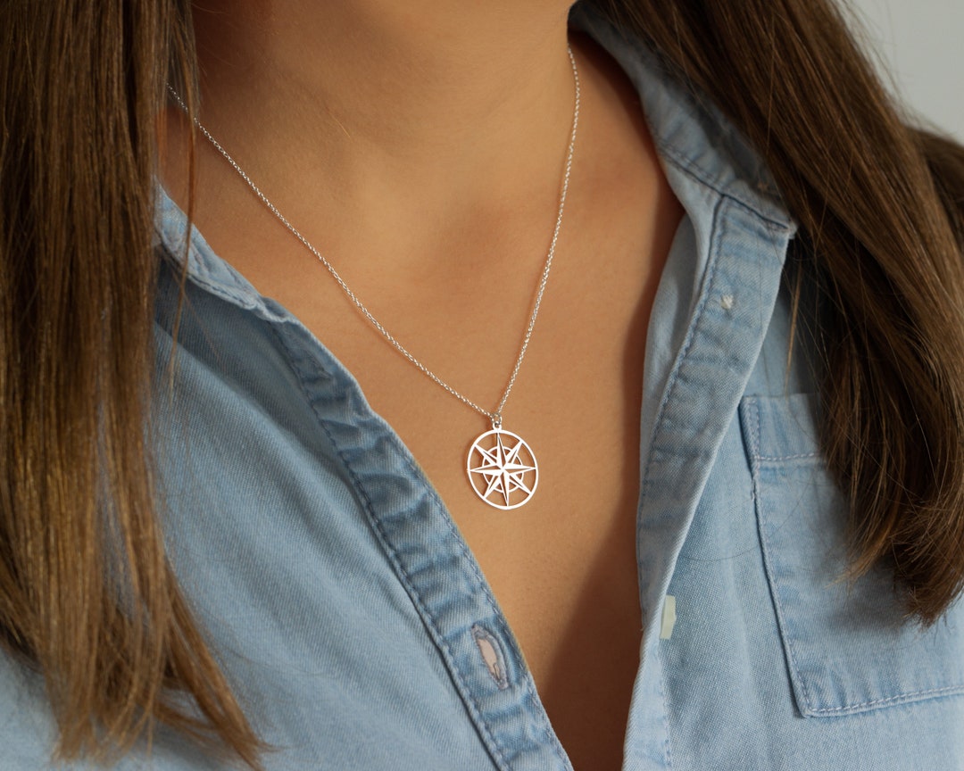 Compass Necklace, Sterling Silver Travel Necklace With Compass Rose ...