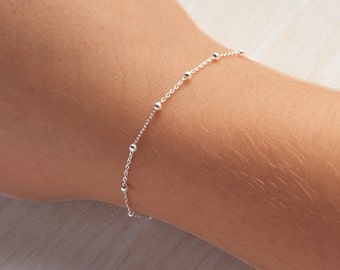 Sterling Silber Satelliten Armband, Zierliche Silber Perlen Armband, Dünne Kette und Kugel Perlen Armband, Einfache und Zarte Alltags Armband