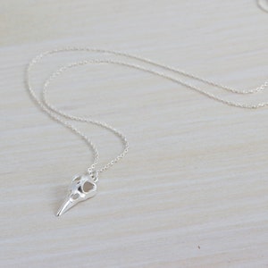 May include: A silver necklace with a bird skull pendant. The necklace is on a wooden surface.