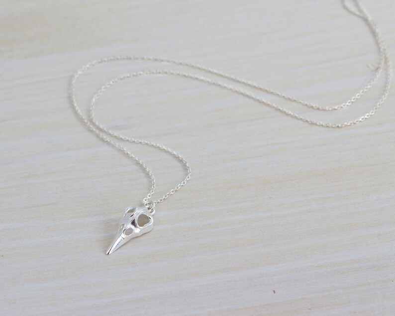 May include: A silver necklace with a bird skull pendant. The necklace is on a wooden surface.