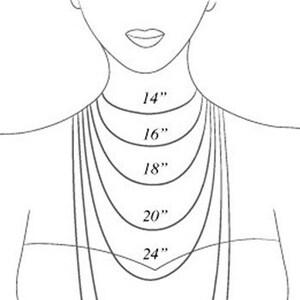 May include: A line drawing of a person's neck with five different necklace lengths marked in inches: 14", 16", 18", 20", and 24".