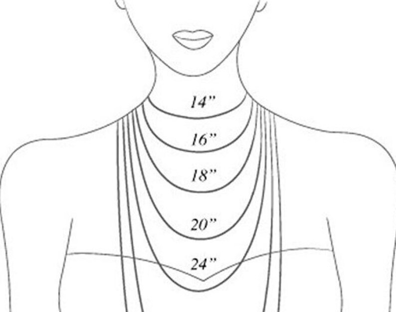 May include: A line drawing of a person's neck with five different necklace lengths marked in inches: 14", 16", 18", 20", and 24".