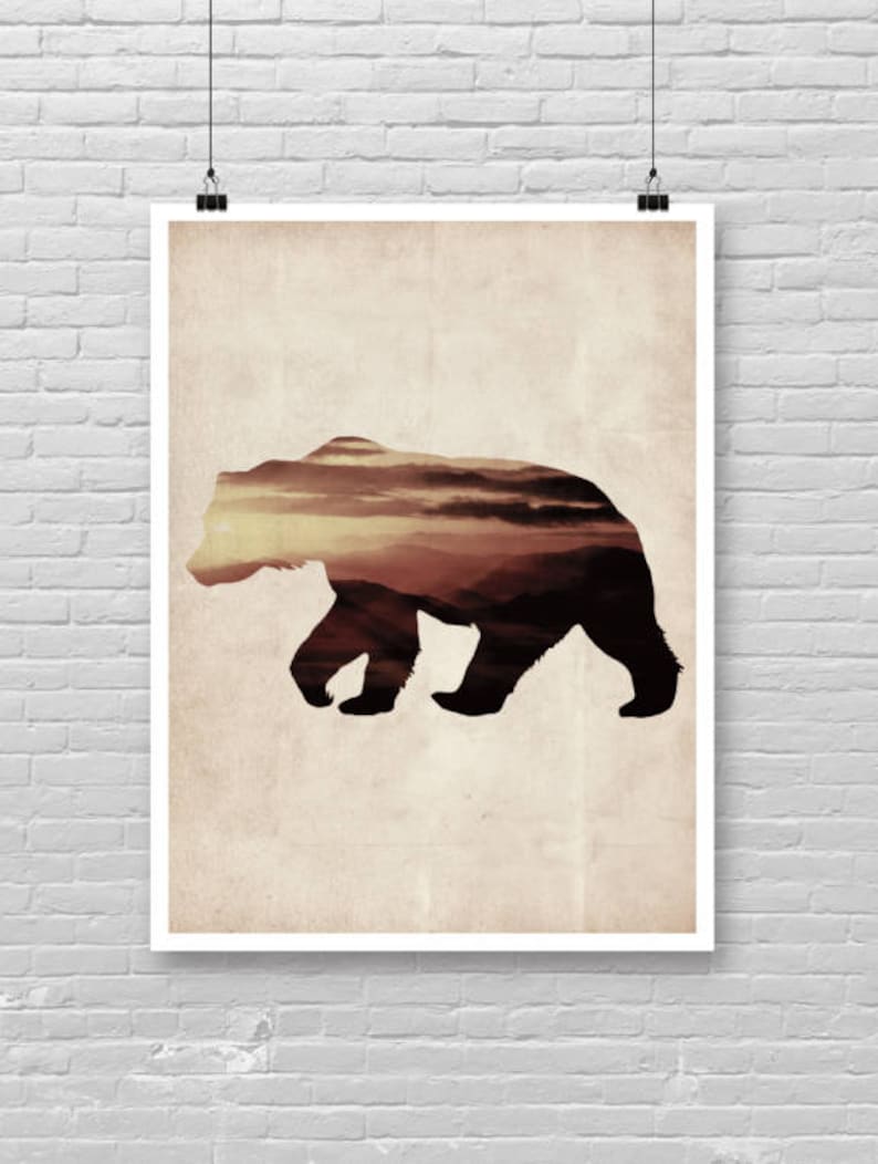 Bear wall art grizzly bear art photography wildlife art sunset double exposure art vintage paper bear profile artwork woodland animal