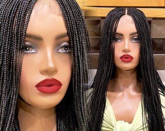 READY TO SHIP*Micro Off Black Box Braids Braided Wig Hand made Lace Middle Part Wig 20”