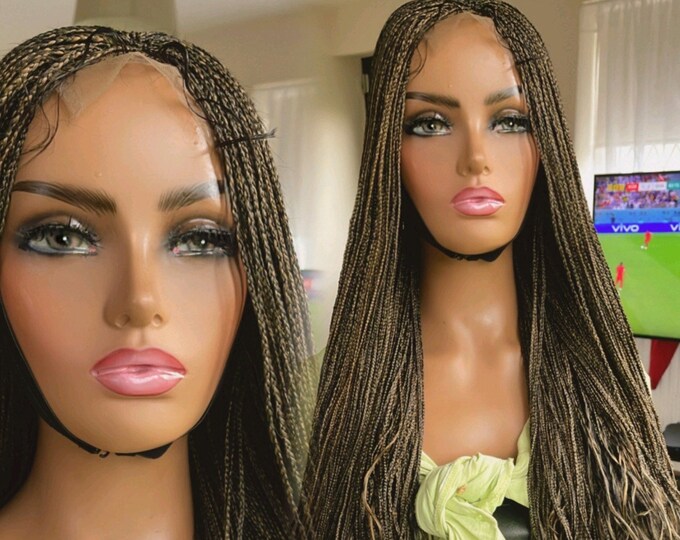 READY TO SHIP*Closure Braided Wig Knotless Micro Braids Wig Lace Part Black Blonde Braided Wig 28”