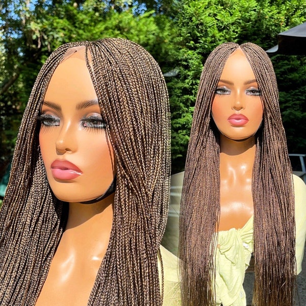 PREORDER*Closure Micro Brown Box Braids Braided Wig Hand made Lace Middle Part