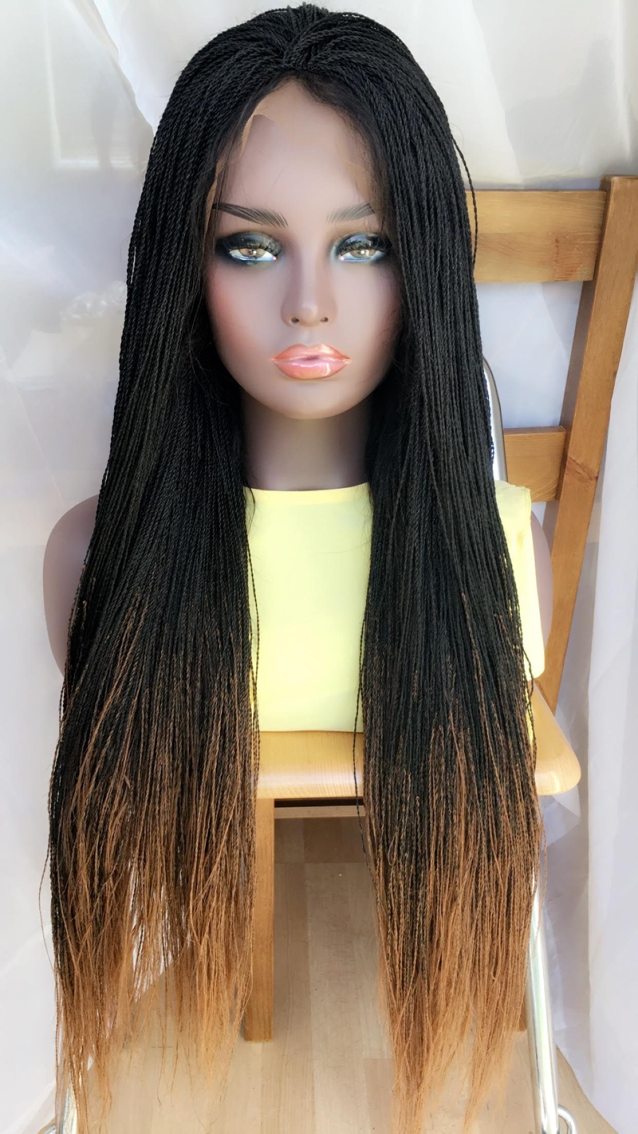 Black Golden Brown Ombre Micro Needle Frontal Twists Wig Human Hair 26