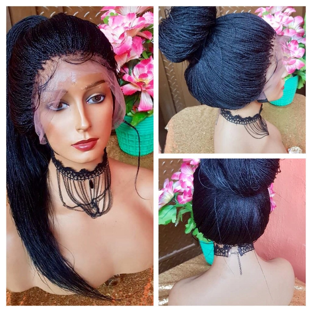 Full Human Hair Lace Braided Wig Micro Needle Twists Wig Black