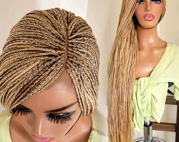 READY TO SHIP*Micro Braids Blonde Mix Box Braided Wig Hand made Lace Side Part