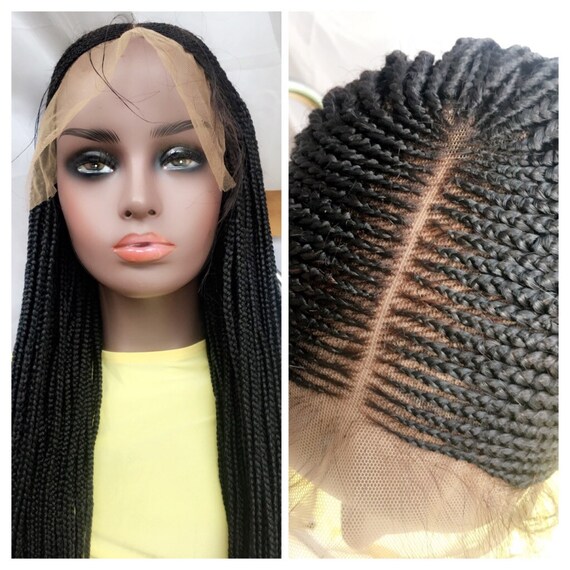 Black Cornrows Braided Wig Hand Made Braided Lace Braid Wig Human Hair Closure Frontal