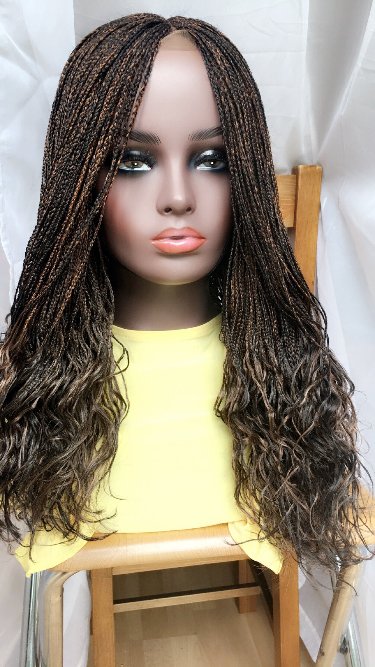 Wavy Braided Wig Black Golden Brown Mix Micro Braids Wig Hand Made
