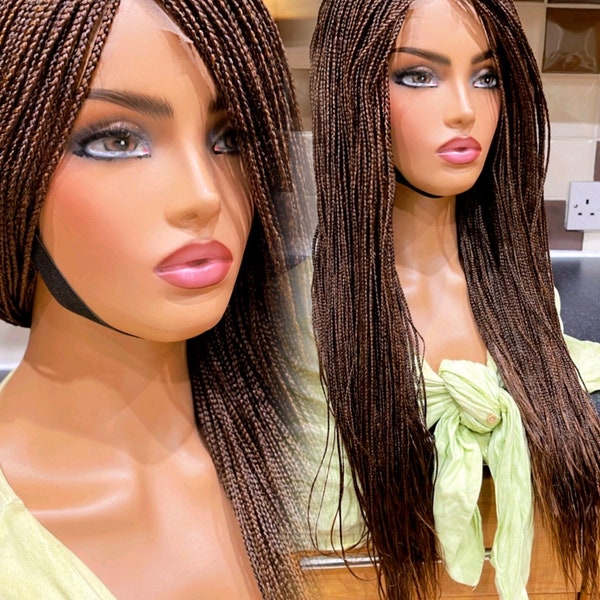 PREORDER*Synthetic Micro Brown Auburn Box Braids Braided Wig Hand made Lace Side Part Wig