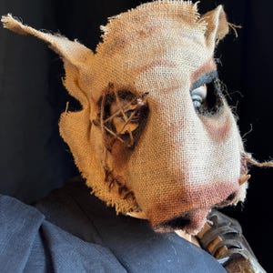 Pig Horror Mask - Adult Halloween Boar Costume - Handmade Custom Cryptid Props - Burlap Hog Swine Masquerade Mask