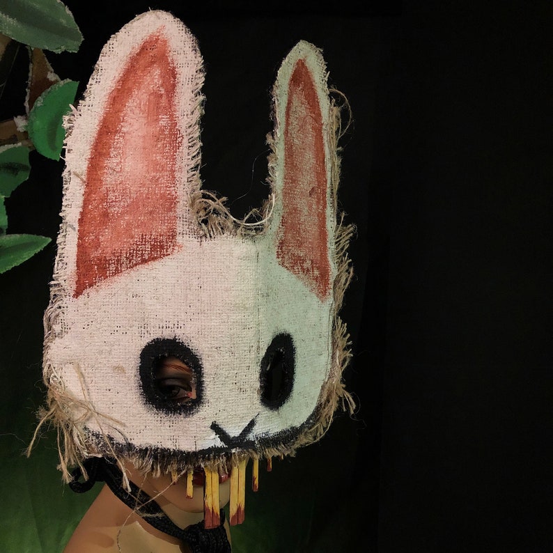 Creepy White Rabbit Mask - Scary Masquerade Mask - Burlap Evil Bunny Mask - Adult Halloween Costume, Handmade Custom Props 