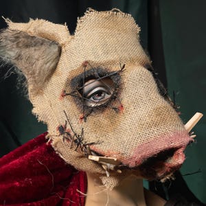 Pig Horror Mask - Adult Halloween Boar Costume - Handmade Custom Props - Burlap Hog Swine Masquerade Mask