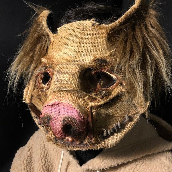 Creepy Scary Burlap Pig Troll Máscara de terror - Disfraz de jabalí de Halloween para adultos - Accesorios personalizados hechos a mano - Máscara de monstruo Javali de espantapájaros