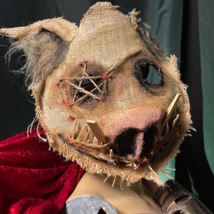 Pig Horror Mask - Adult Halloween Boar Costume - Handmade Custom Props - Burlap Hog Swine Masquerade Mask