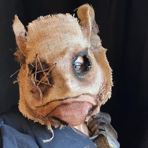 Pig Horror Mask - Adult Halloween Boar Costume - Handmade Custom Props - Burlap Cryptid Hog Swine Masquerade Mask