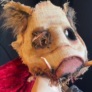Pig Horror Mask - Adult Halloween Boar Costume - Handmade Custom Props - Burlap Hog Swine Monster Masquerade Mask