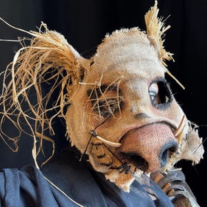 Pig Horror Mask - Adult Halloween Boar Costume - Handmade Custom Props - Burlap Cryptid Hog Swine Masquerade Mask