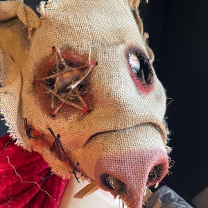 Pig Horror Mask - Adult Halloween Boar Costume - Handmade Custom Props - Burlap Hog Swine Monster Masquerade Mask