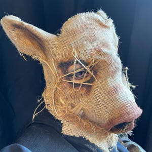 Pig Horror Mask - Adult Halloween Boar Costume - Handmade Custom Props - Burlap Cryptic Hog Swine Masquerade Mask