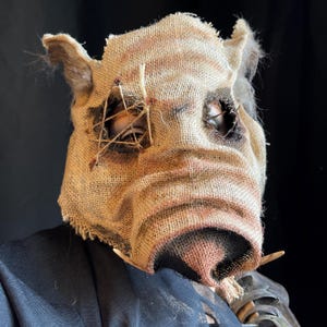 Pig Horror Mask - Adult Halloween Boar Costume - Handmade Custom Props - Burlap Cryptid Hog Swine Masquerade Mask