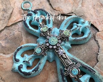 CROSS, Metal Cross, Turquoise, Blue, Blue Cross, Wall Cross, Fleur De Lis, Rhinestone, Faith, Love, Anniversary, Christian Gift, Gift For