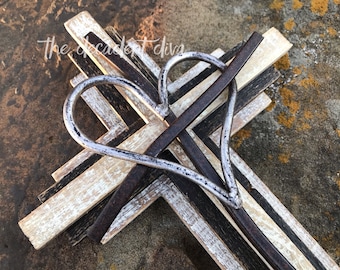Wall Cross, Decorative Cross, Wood Cross, Metal Cross, Heart Decor, Cross Decor, Religious Art, Christian Gifts For Him, Housewarming Gifts