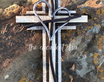 Rustic Wood Cross with Metal Heart, Hand-Finished Christian Wall Art
