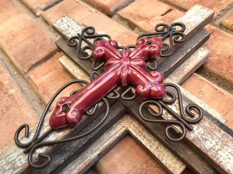 Wall Cross Crosses For Decor Wood With Red Ceramic Wrought Iron Fleur De Lis