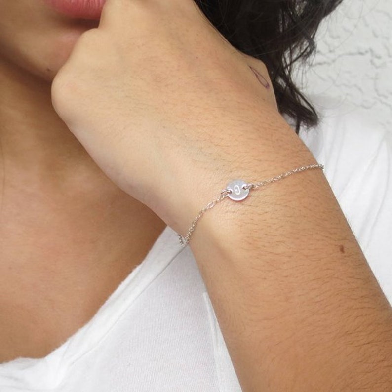 Tiny Sterling Silver Bracelet Personalized Dainty Bracelet Gift Tiny Disc Friendship Bracelet Gift for Mom Initial Silver Bracelet