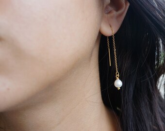 Threader Pearl Earrings Delicate Dangling Natural Pearls Classic Elegant Gold Earrings for Woman Gold Threader Earrings