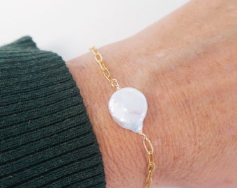 Delicate Gold Pearl Bracelet Paper Clip Chain Bracelet Adjustable to any Size Bridesmaids Bracelet Mother Gift Idea June Birthstone