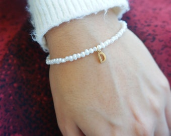 Dainty Pearl Bracelet: Personalized Initial Charm, Freshwater Pearls